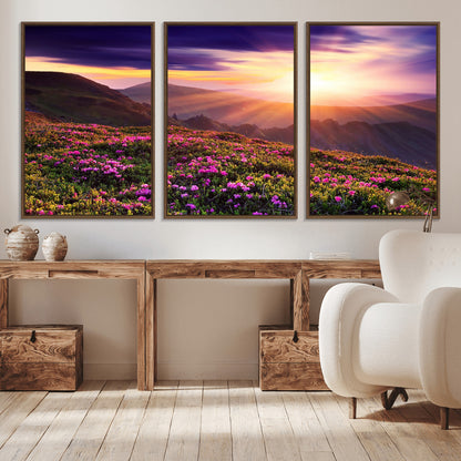 -Mountain Sunrise Wall Art – Vibrant Floral Landscape Canvas Print, Nature Home Decor for Living Room, Bedroom Office or Cabin