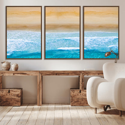 -Aerial Beach Wall Art – Serene Ocean Waves & Sandy Shore Canvas Print, Coastal Home Decor for Living Room, Bedroom or Office