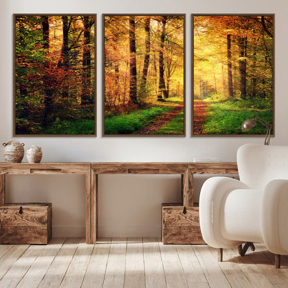 73494-MGV-CV-36X24-Golden Autumn Forest Path Wall Art – Sunlit Woodland Canvas Print, Fall Nature Landscape Home Decor