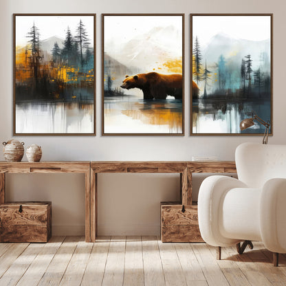 A majestic bear stands by the serene waters of a misty forest, surrounded by towering trees and distant mountains, evoking the raw beauty and wild spirit of nature.