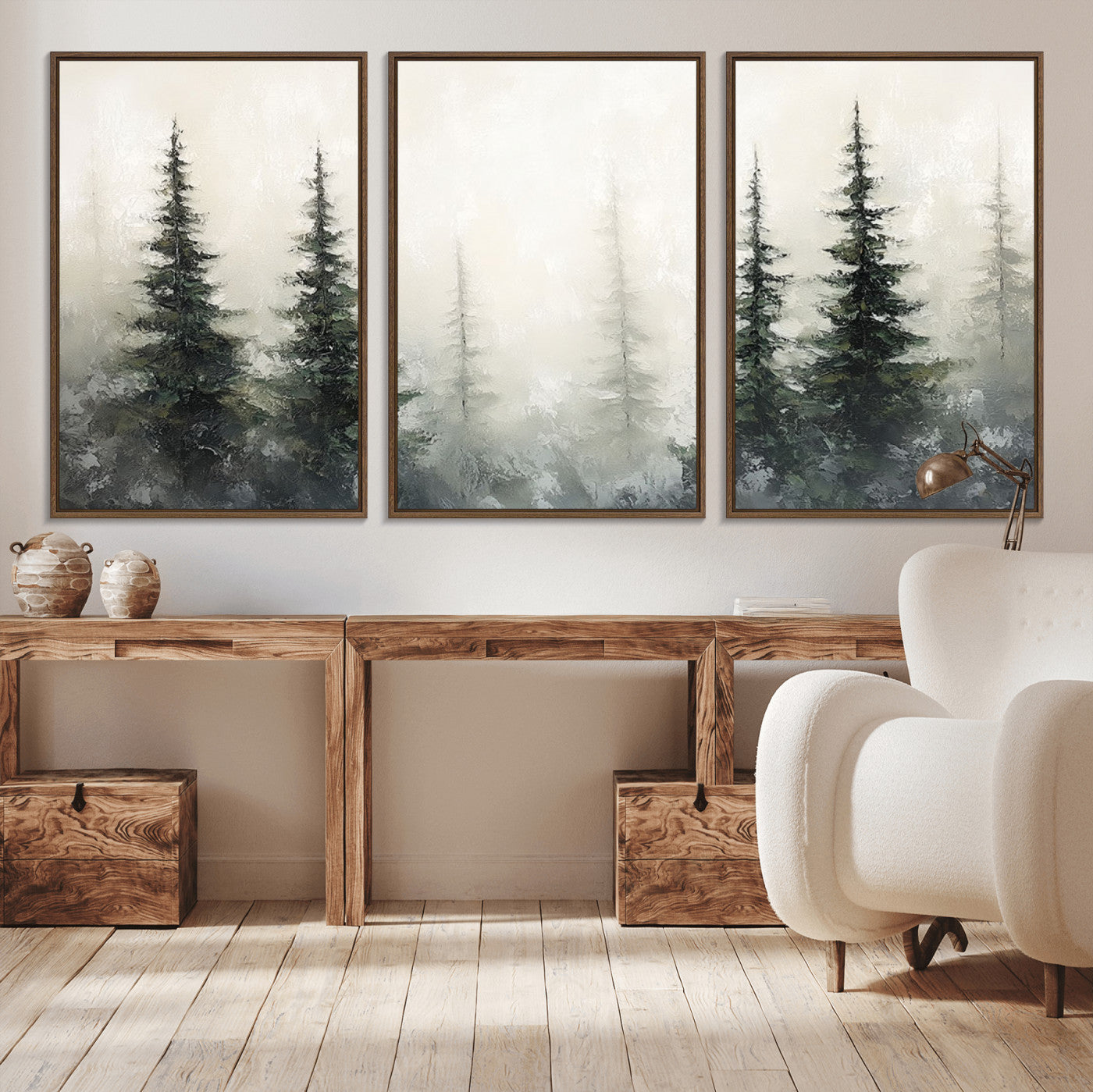 Soft and misty pine forest painting in neutral earthy tones, ideal for calm woodland or minimalist rustic home decor.