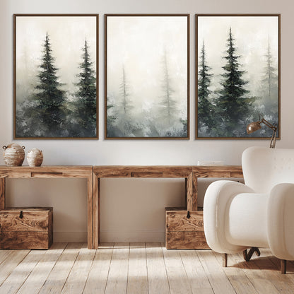 Soft and misty pine forest painting in neutral earthy tones, ideal for calm woodland or minimalist rustic home decor.