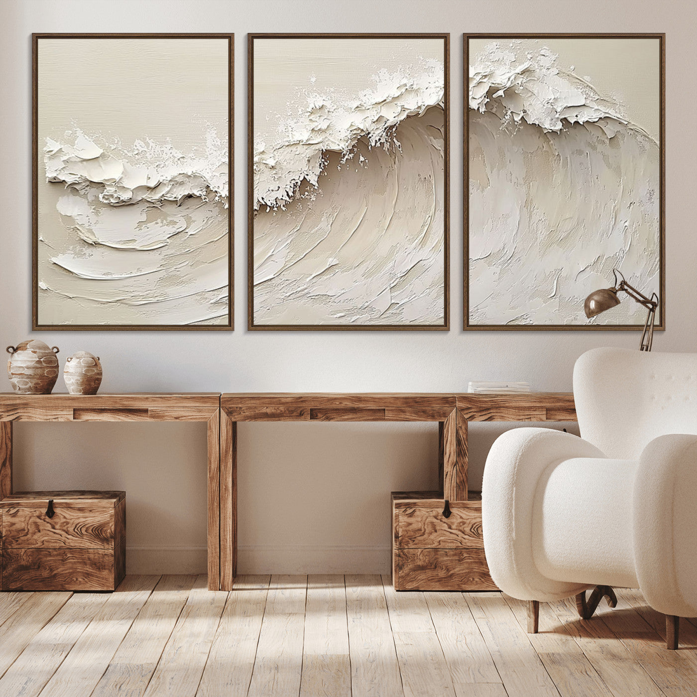Textured canvas of an abstract white ocean wave in neutral tones, ideal for modern coastal or minimalist home decor.