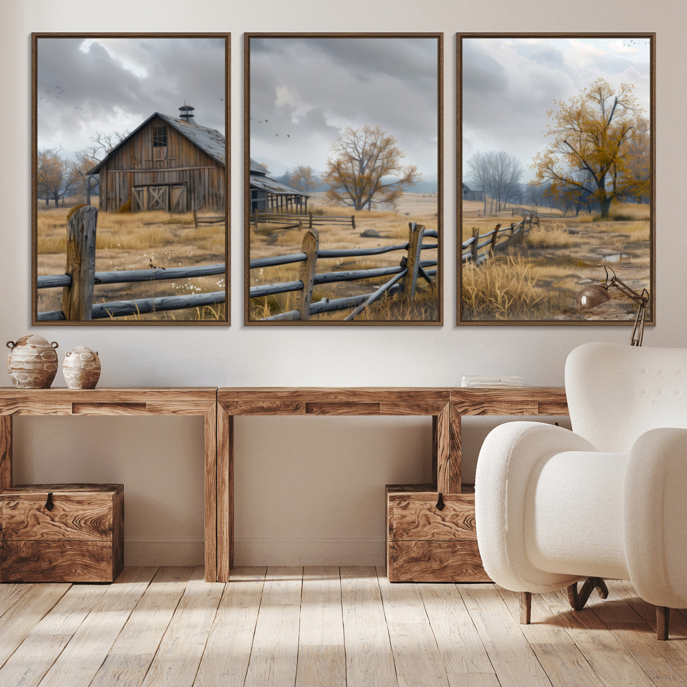 A tranquil rural scene featuring a rustic barn, overcast skies, and golden fields with scattered trees, evoking a sense of peaceful solitude in nature.