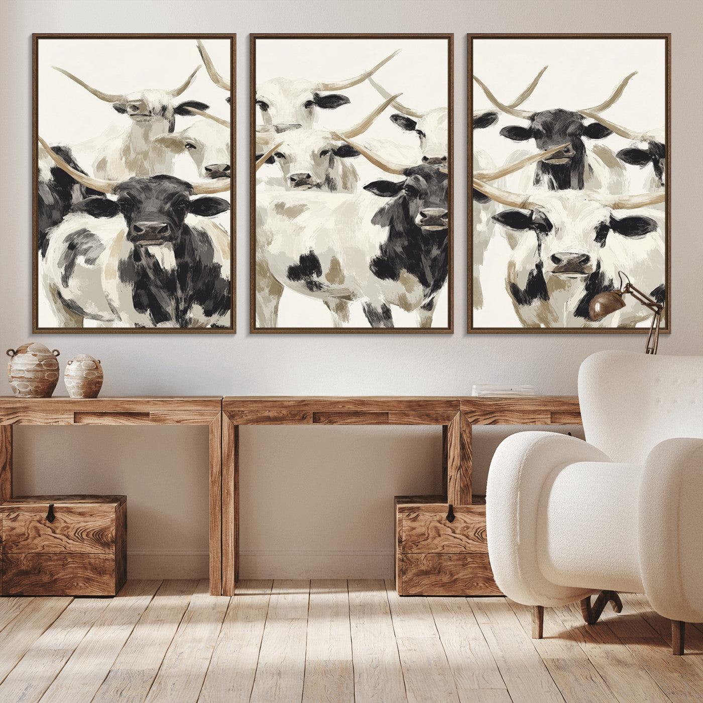 Canvas of a Texas Longhorn cattle herd in neutral black and white tones, ideal for rustic farmhouse or western-themed decor.