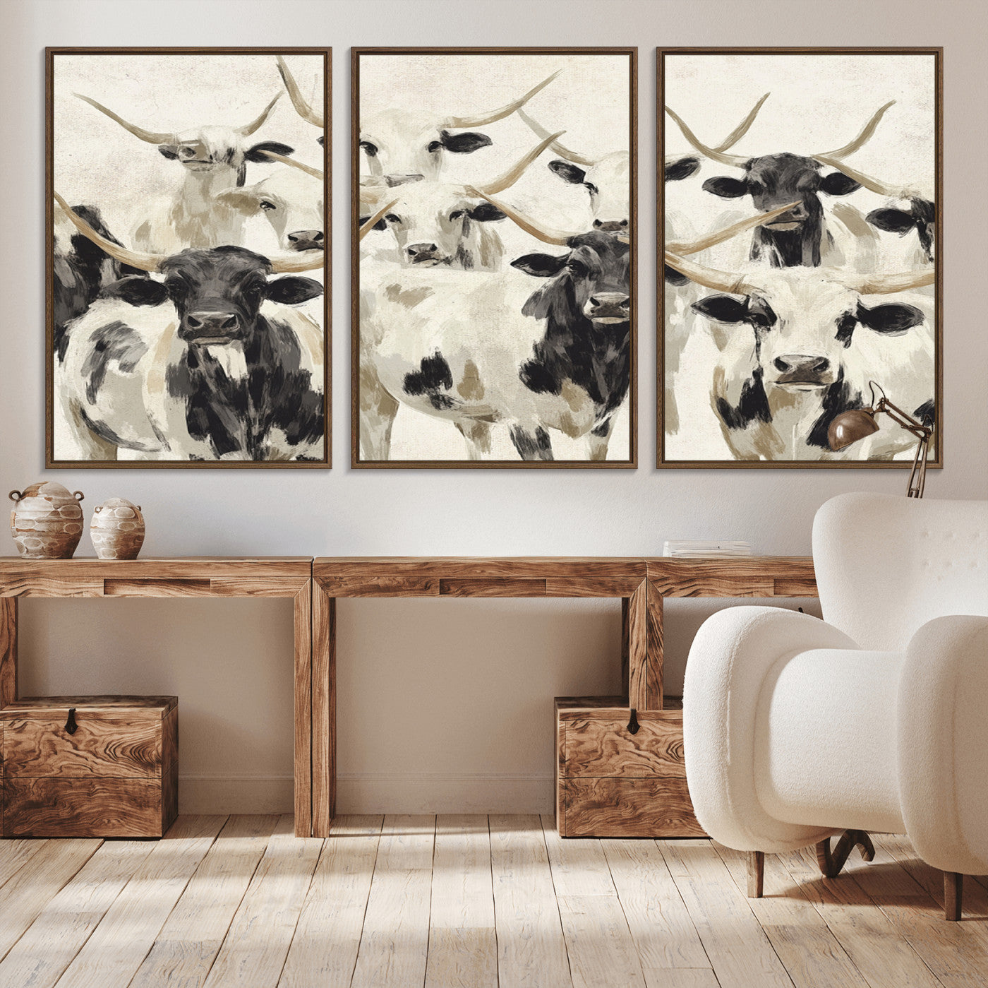 Canvas of a Texas Longhorn cattle herd in neutral black and white tones, ideal for rustic farmhouse or western-themed decor.