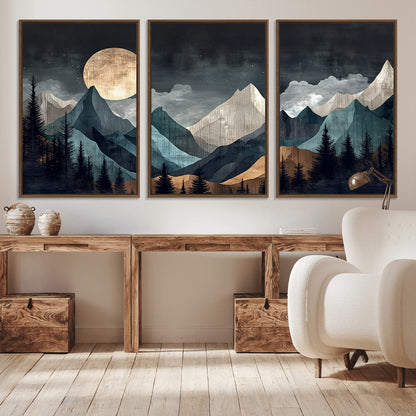 Stylized canvas of layered mountains under a full moon in neutral moody tones, ideal for nature-inspired or modern rustic interiors.