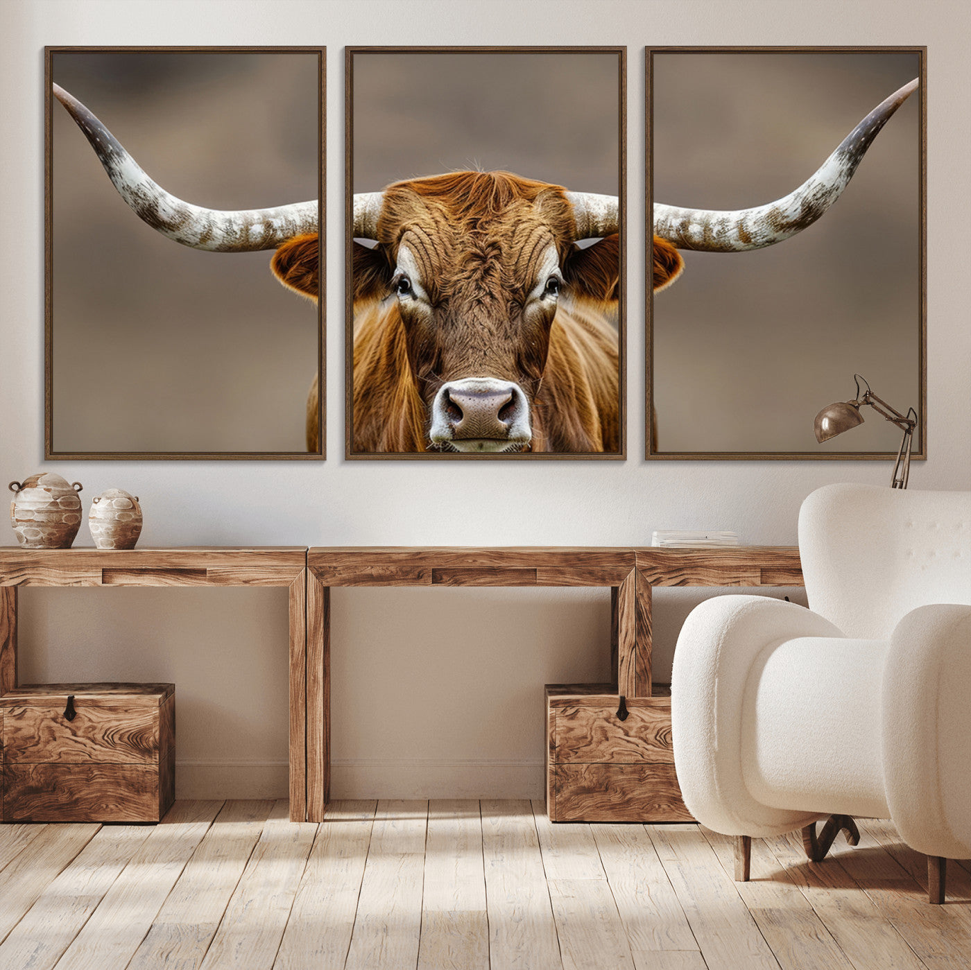Close-up of a Texas Longhorn with strong curved horns and warm brown tones, perfect for rustic or western-style wall decor.