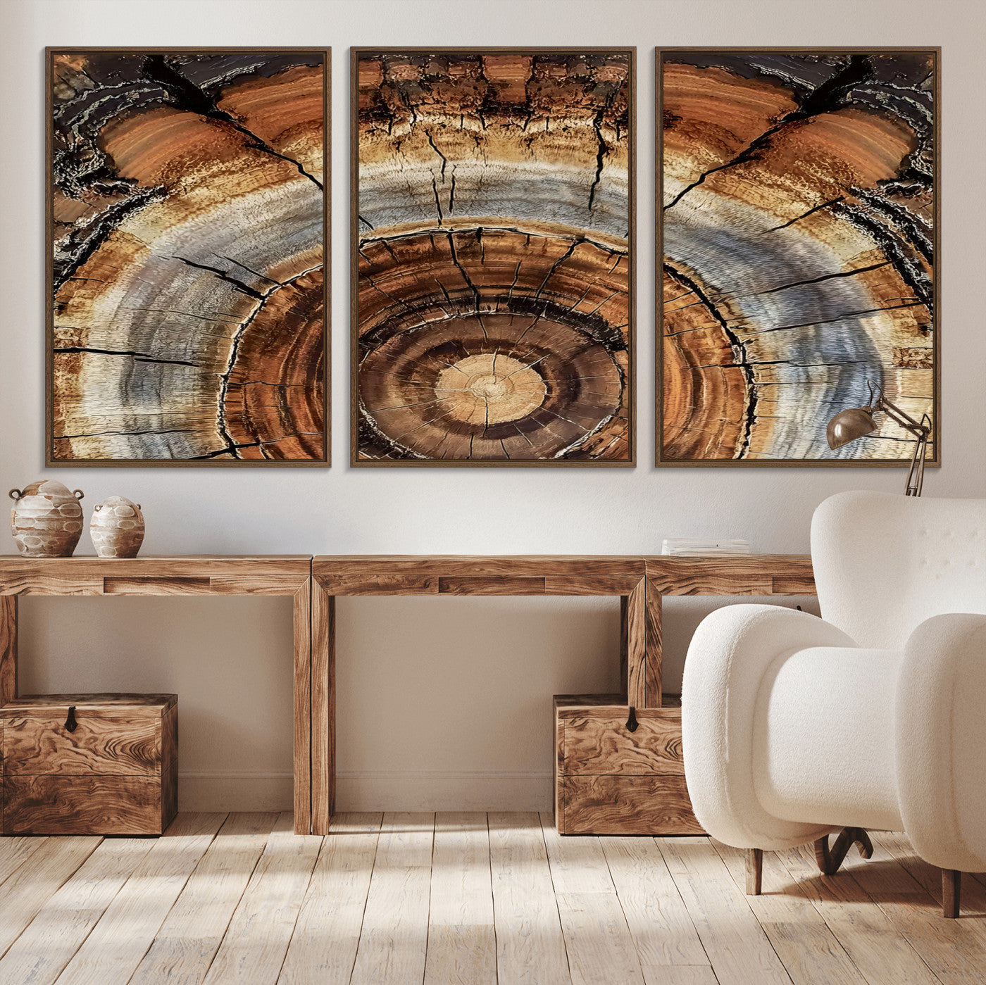 Canvas of tree rings and natural wood grain in earthy tones, ideal for rustic or vintage-inspired home decor with organic textures.