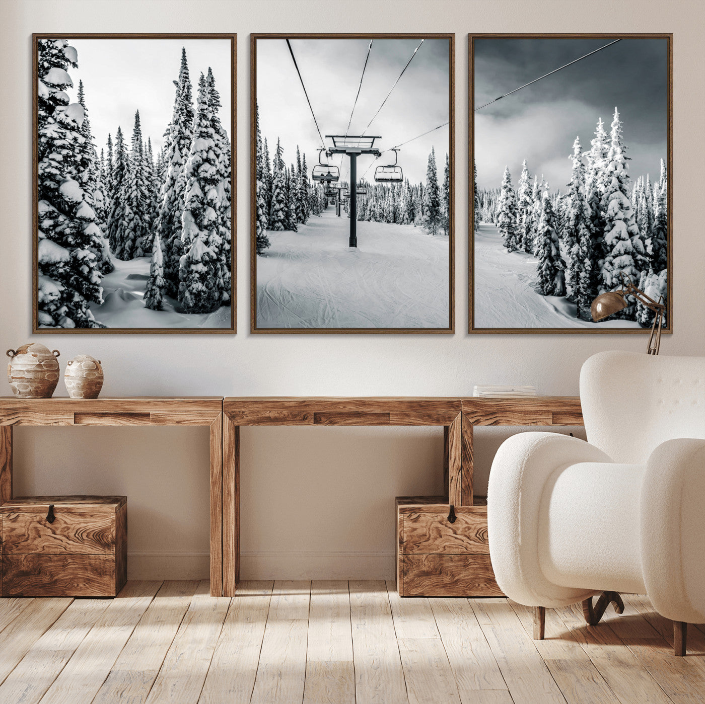Canvas of a snowy ski lift scene through a forest of tall pine trees, ideal for moody winter or alpine-themed home decor.