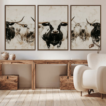 Illustrated herd of longhorn cattle in black and white tones with a neutral textured background, perfect for rustic or farmhouse-style decor.