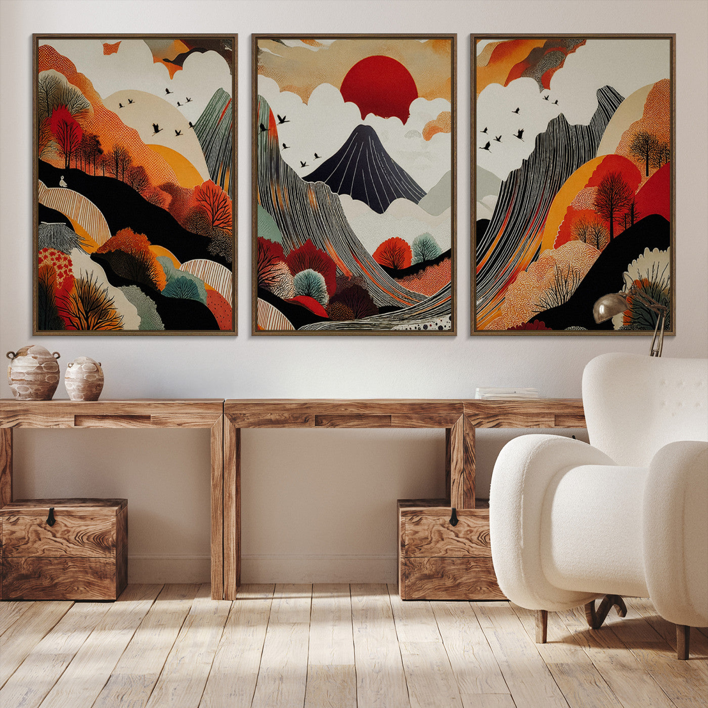 Abstract Mountain Wall Art Canvas Print, Vibrant Landscape Print, Framed Stylized Nature Drawing Art Print, Large Sunset Mountains Printing Perfect for Contemporary Minimalist Decor