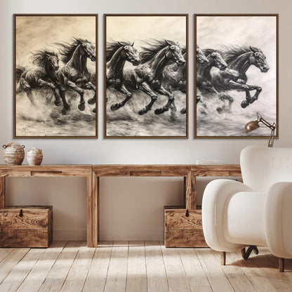 Monochrome drawing of a herd of galloping horses, perfect for dynamic and wild-themed decor in any equestrian or nature-inspired room.