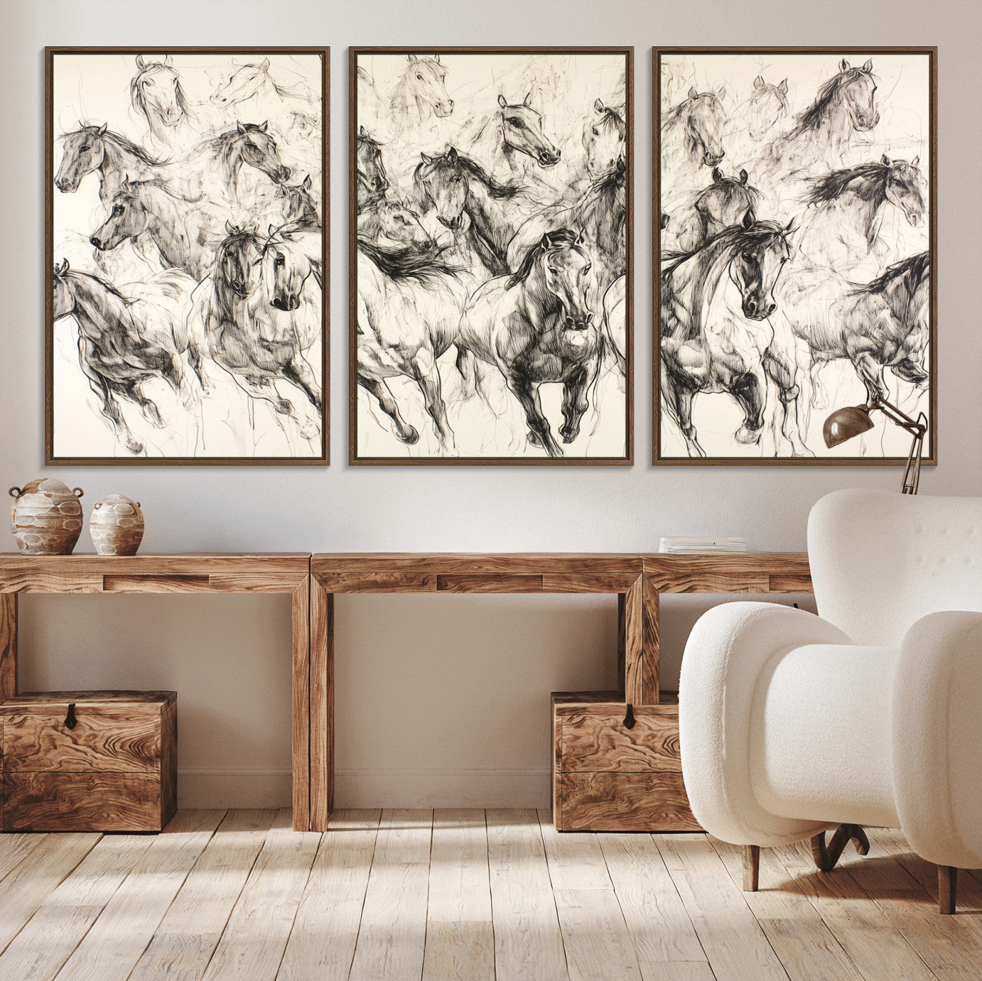 Monochrome ink sketch of galloping horses in dynamic motion, perfect for western or equine-themed wall decor with bold artistic energy.