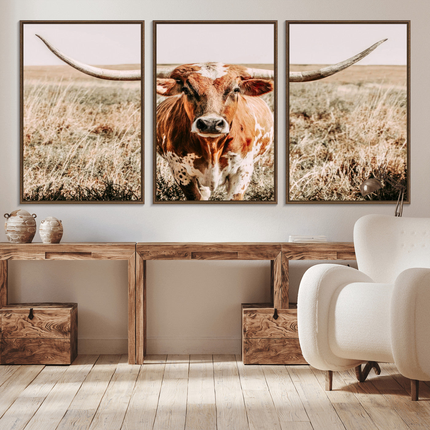 Framed longhorn cow canvas wall art with rustic prairie background, western animal print perfect for farmhouse or ranch style decor