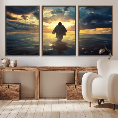 Spiritual artwork of Jesus walking on water at golden hour with divine light, ideal for Christian home decor or prayer room.