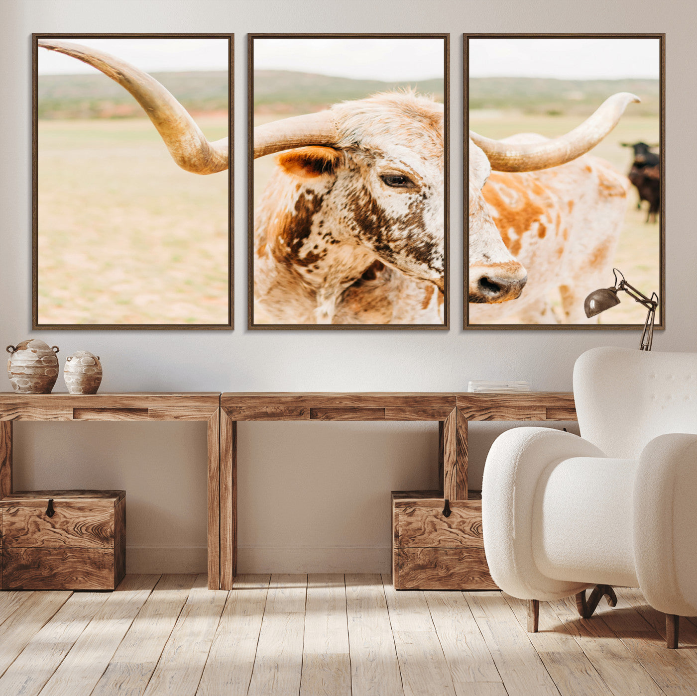 Close-up of a speckled Texas Longhorn in warm prairie tones, perfect for rustic western or countryside-themed room decor.
