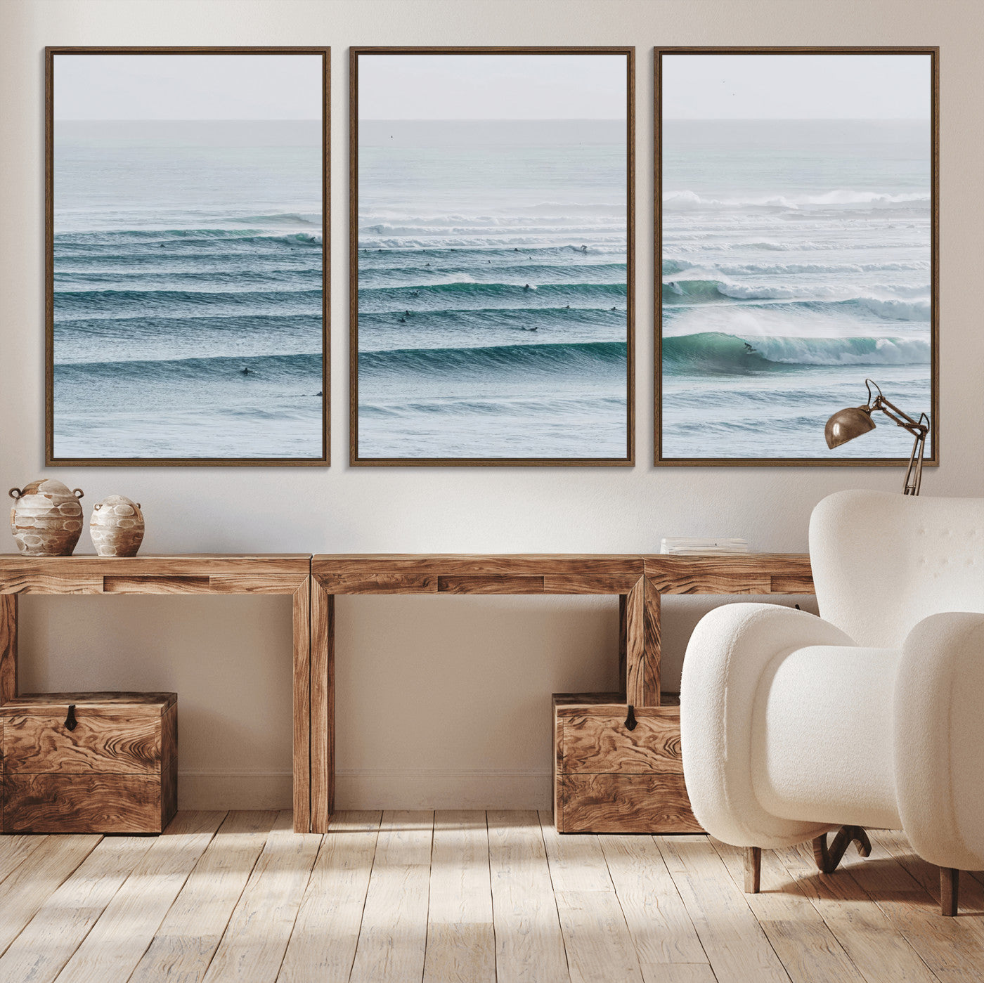 High-angle view of surfers lining up across layered ocean waves, ideal for minimal coastal or surf-inspired room decor.
