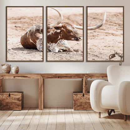 Texas Longhorn bull resting on dusty ground with warm tones, ideal for rustic western or farmhouse-themed wall decor.