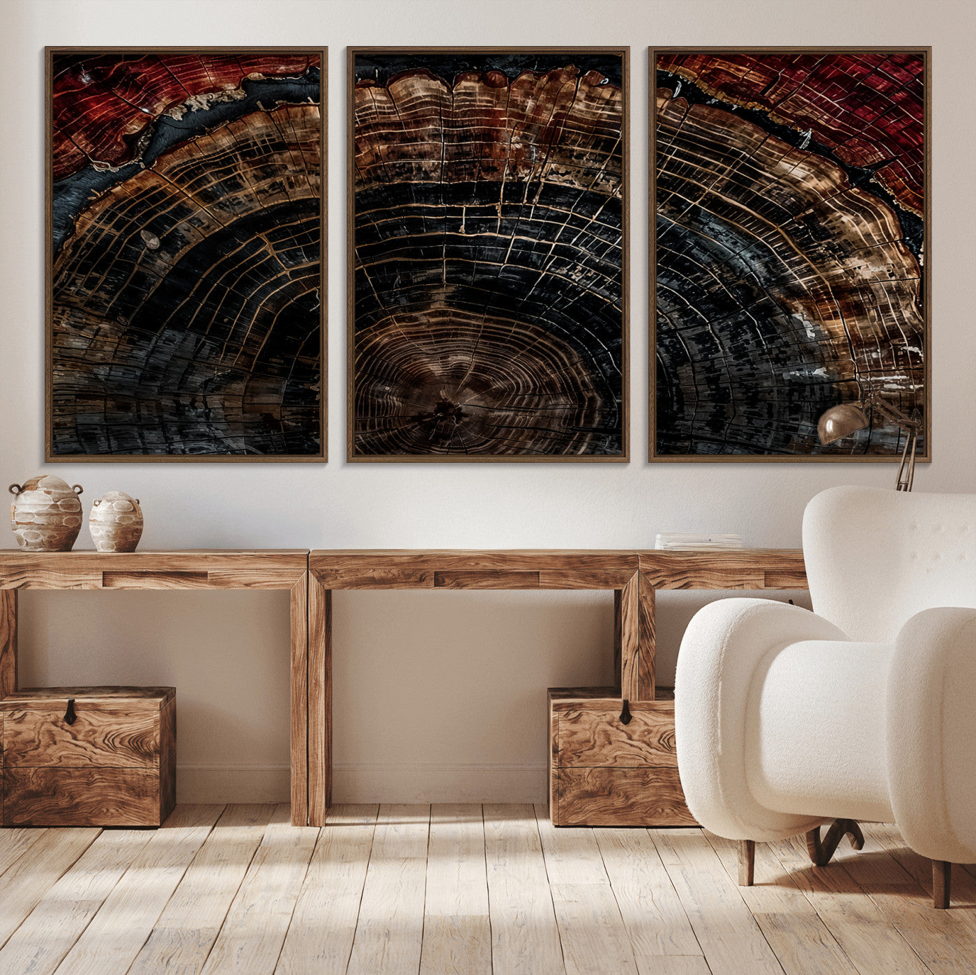 Dark Wood Wall Art Print - Petrified Tree Canvas Print, featuring an intricate tree ring pattern with deep earthy tones and organic textures, perfect for rustic and nature-inspired decor.