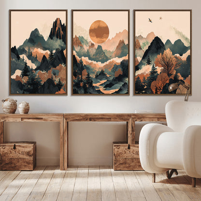 Mountain Landscape Wall Art Print - Sunset Hills Canvas Print, featuring an abstract nature scene with earthy tones and misty peaks, perfect for boho and modern decor.