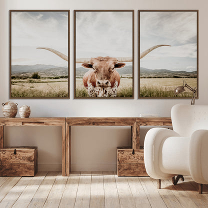 Longhorn Wall Art Print - Western Cow Canvas Print, featuring a majestic Texas longhorn in a rustic prairie setting, perfect for farmhouse and western decor.
