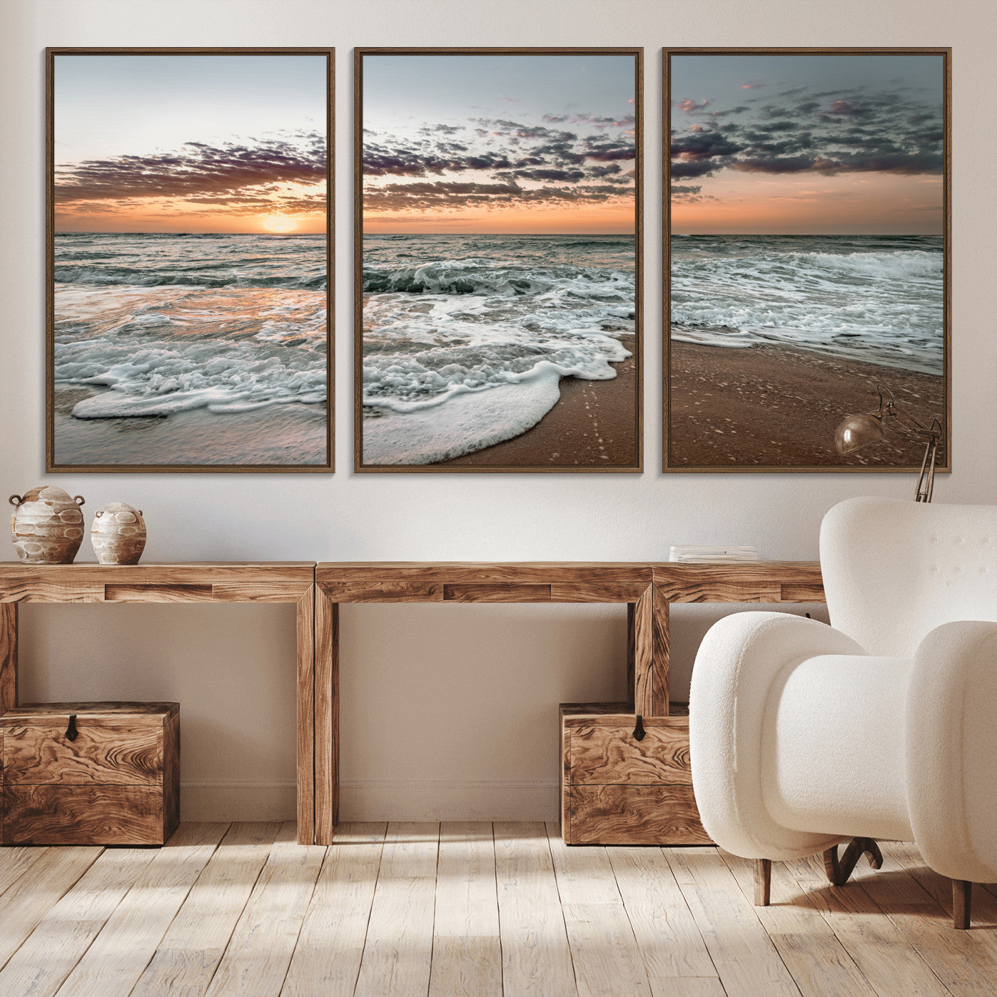 Ocean Sunset Wall Art Print - Beach Waves Canvas Print, featuring a serene seascape with golden sunlight reflecting on gentle waves, perfect for coastal and minimalist decor.