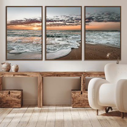 Ocean Sunset Wall Art Print - Beach Waves Canvas Print, featuring a serene seascape with golden sunlight reflecting on gentle waves, perfect for coastal and minimalist decor.