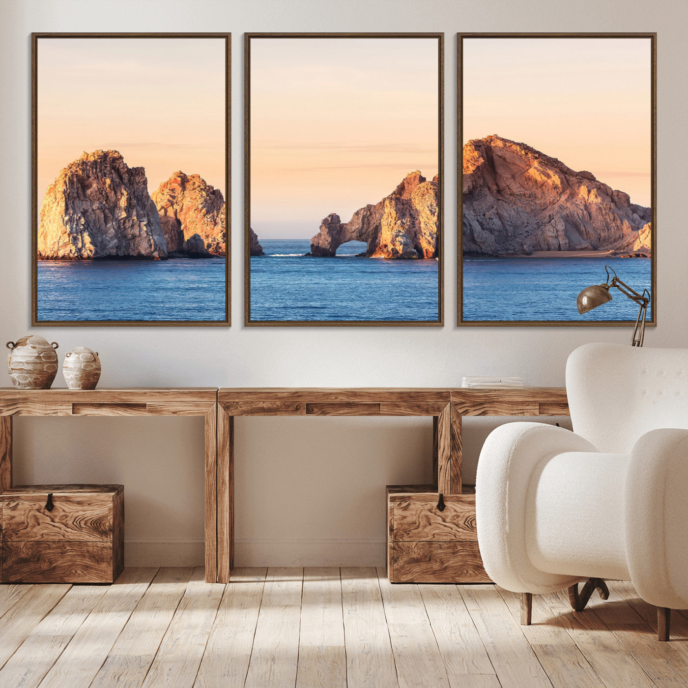 Framed canvas of El Arco rock formation in Cabo San Lucas at golden hour, ideal for coastal landmark or ocean-inspired decor.