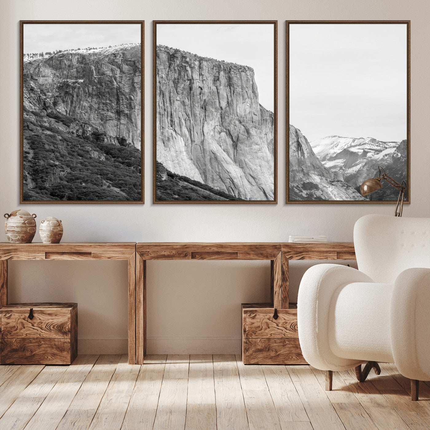Monochrome canvas of El Capitan’s granite wall in Yosemite with snowy peaks, ideal for dramatic mountain or black-and-white nature decor.