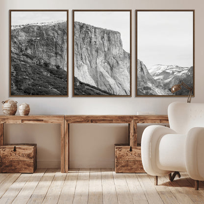Monochrome canvas of El Capitan’s granite wall in Yosemite with snowy peaks, ideal for dramatic mountain or black-and-white nature decor.