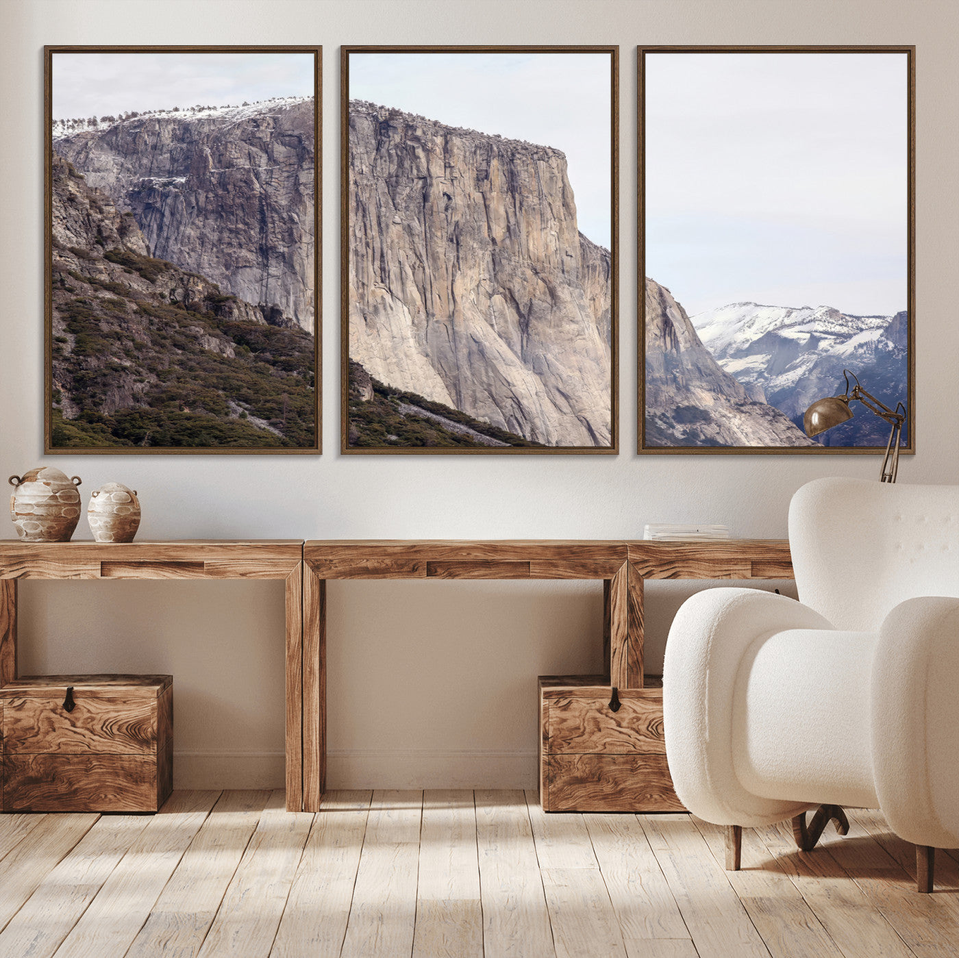 Framed canvas of El Capitan’s vertical granite face in Yosemite with snowy peaks, ideal for Sierra minimalism or mountain-inspired decor.