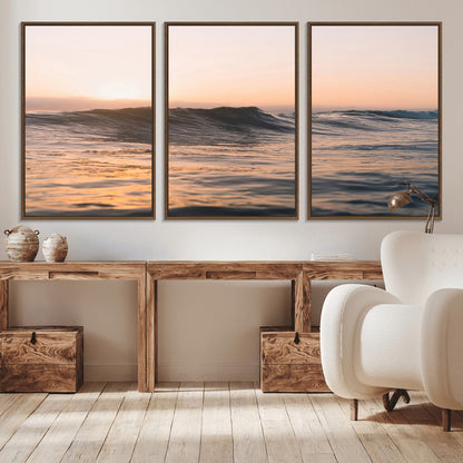 Framed canvas of ocean waves glowing in sunset light, ideal for golden hour calm or peaceful coastal-inspired wall decor.