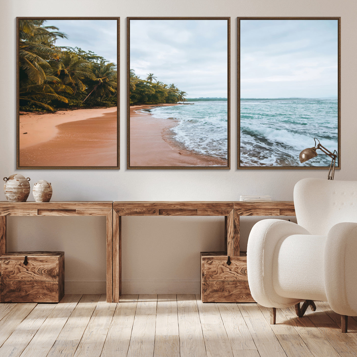 Framed canvas of a tropical beach with palm trees and soft waves, ideal for coastal escape or serene nature-inspired home decor.