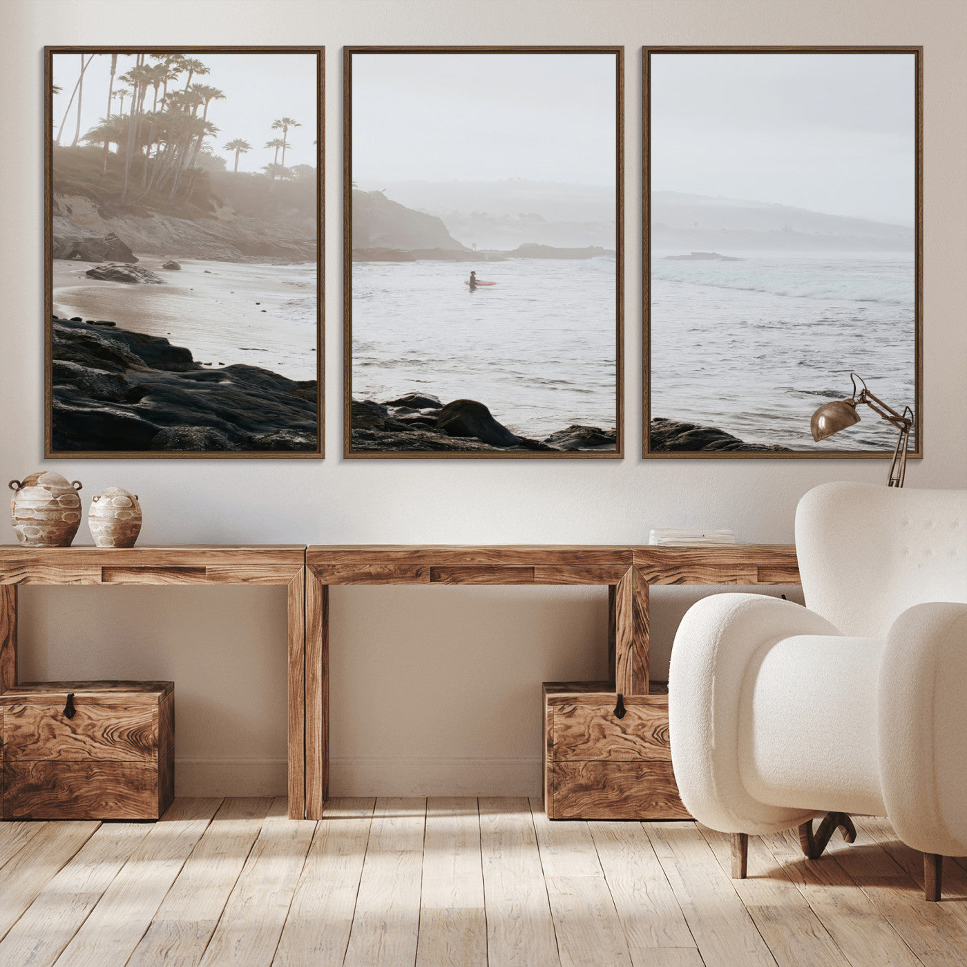 Framed canvas of a surfer in misty coastal tones at a foggy California beach, ideal for minimalist coastal beach or serene ocean-themed decor.
