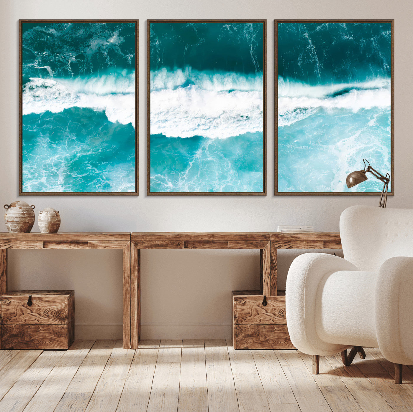 Aerial view of turquoise ocean waves crashing with white foam, perfect for tropical coastal or modern beach-style home decor.