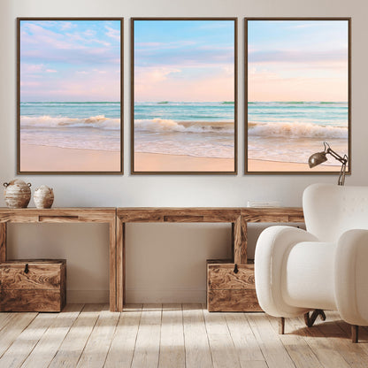 Pastel-toned ocean waves under soft sunset skies, ideal for pastel coastal or serene beach-style home decor.