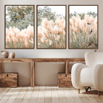 Soft pastel pampas grasses in a natural setting, ideal for neutral boho or rustic botanical-style interior wall decoration.