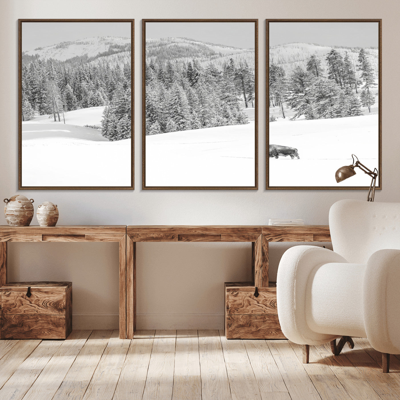 Snowy bison walking through white forest landscape, ideal for monochrome winter or wilderness-style interior wall decoration.