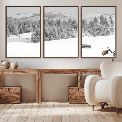 Snowy bison walking through white forest landscape, ideal for monochrome winter or wilderness-style interior wall decoration.