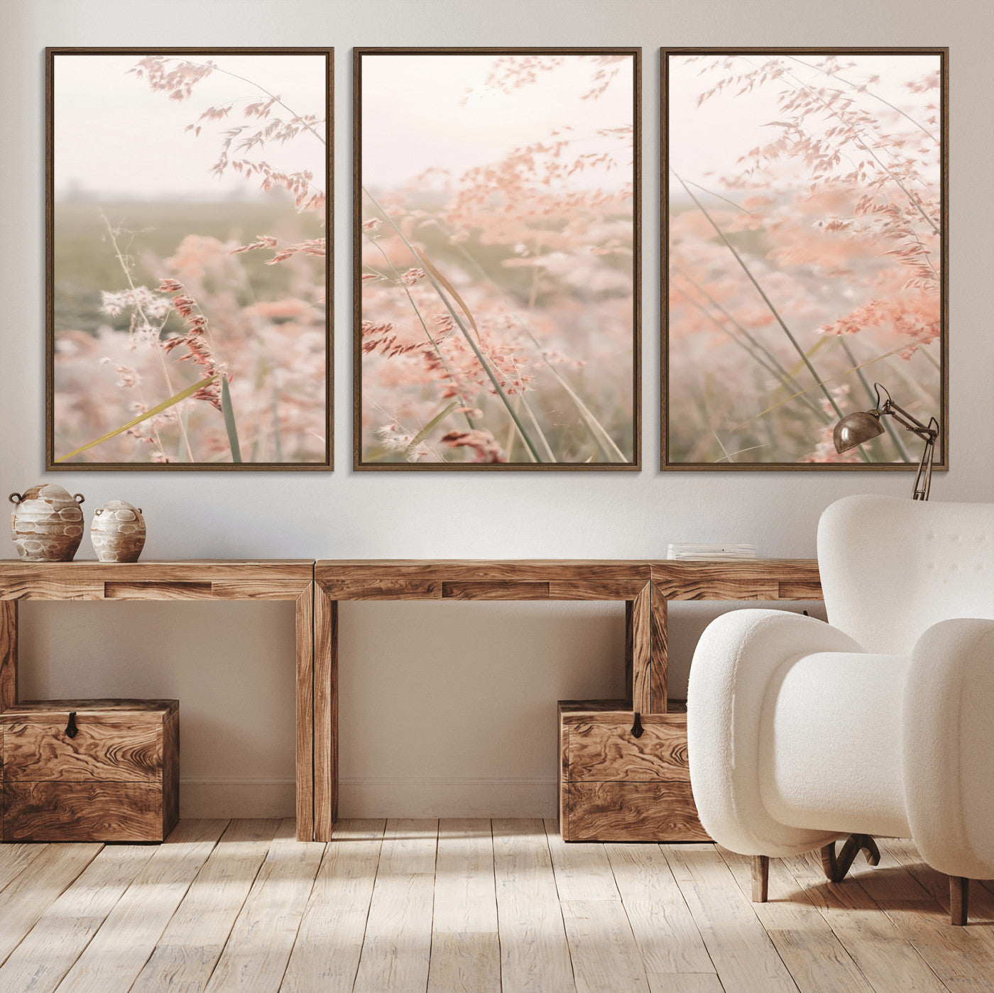 Soft pastel field with wild grasses in warm light, ideal for minimal nature or airy countryside-inspired interior wall decoration.