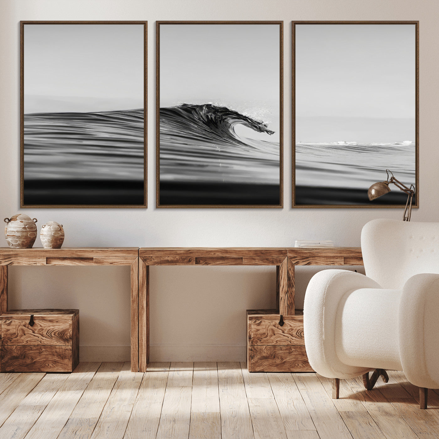 Striking black and white photo of a curling wave, ideal for modern coastal or minimalist wall decor settings.