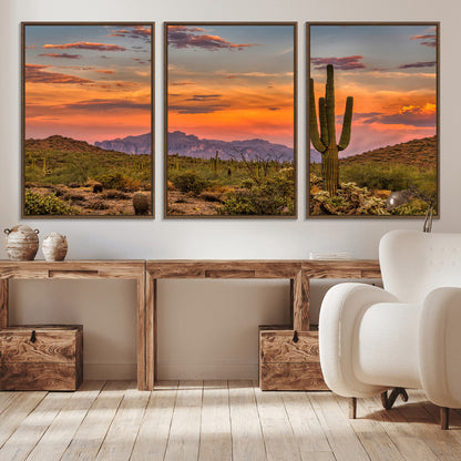 Vibrant desert sunset with saguaro cacti and distant mountains, perfect for Southwestern or warm-toned home decor.