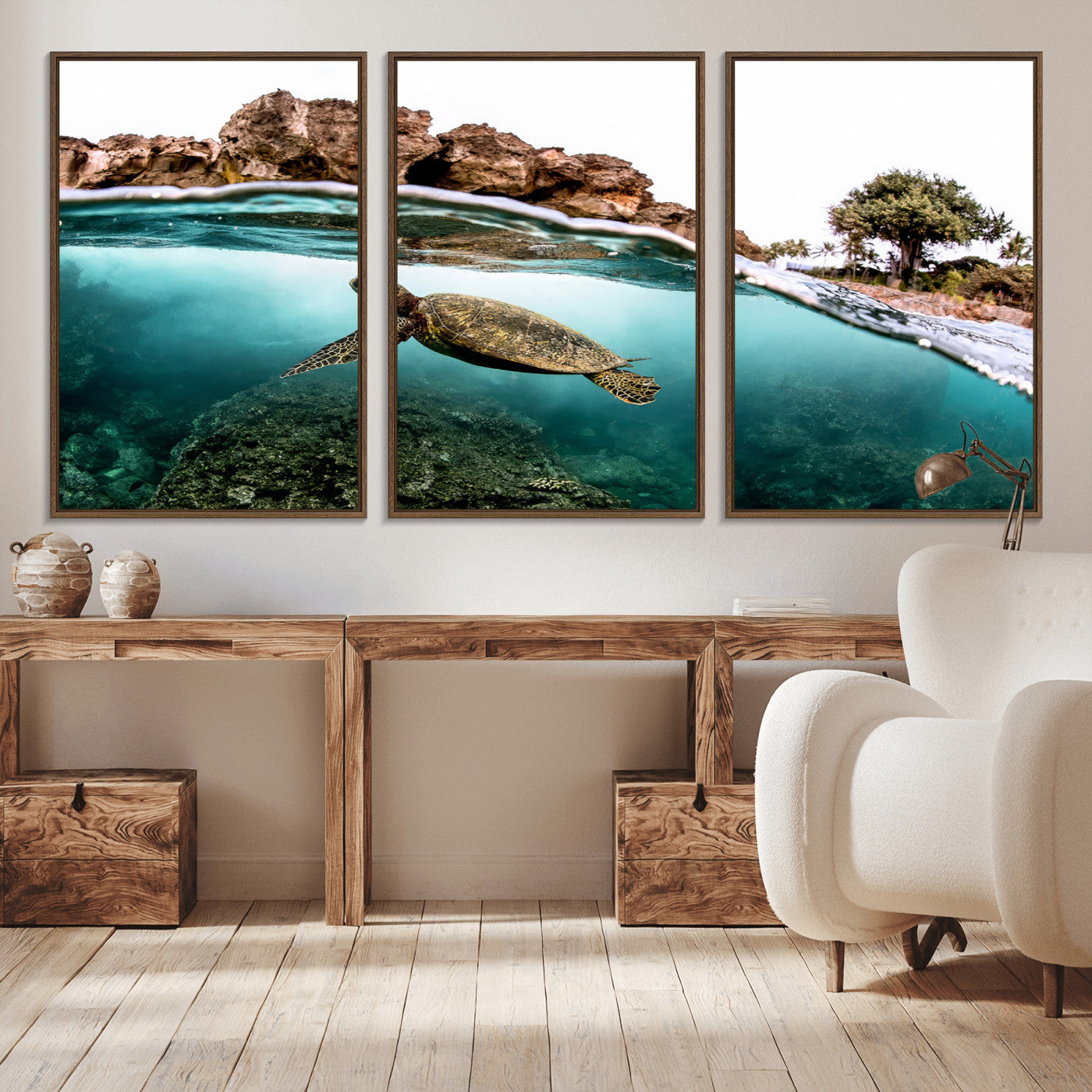 Dynamic split-view photo of a sea turtle swimming near rocky shores, perfect for vibrant coastal or tropical beach home decor.