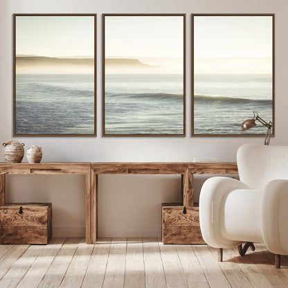 Canvas of a misty ocean scene with coastal cliffs and soft neutral tones, ideal for Scandinavian coastal or minimalist nature-inspired home decor.