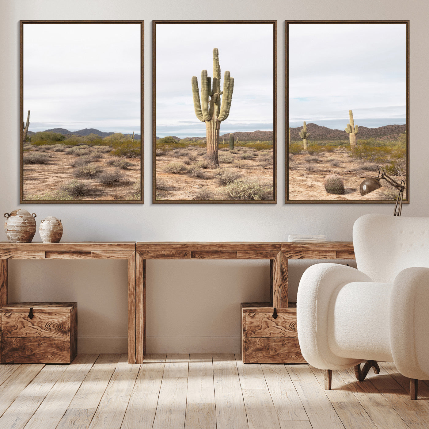 Canvas of a saguaro cactus in an earthy Sonoran desert landscape, ideal for Southwestern Boho or desert minimalism inspired home decor.   2/2