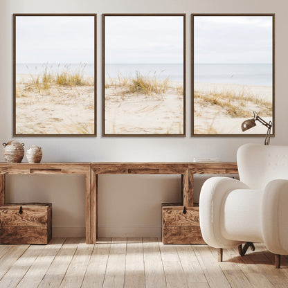 Canvas of soft beach dunes and coastal grasses in neutral tones, perfect for Scandinavian coastal or minimalist nature-inspired home decor.   2/2