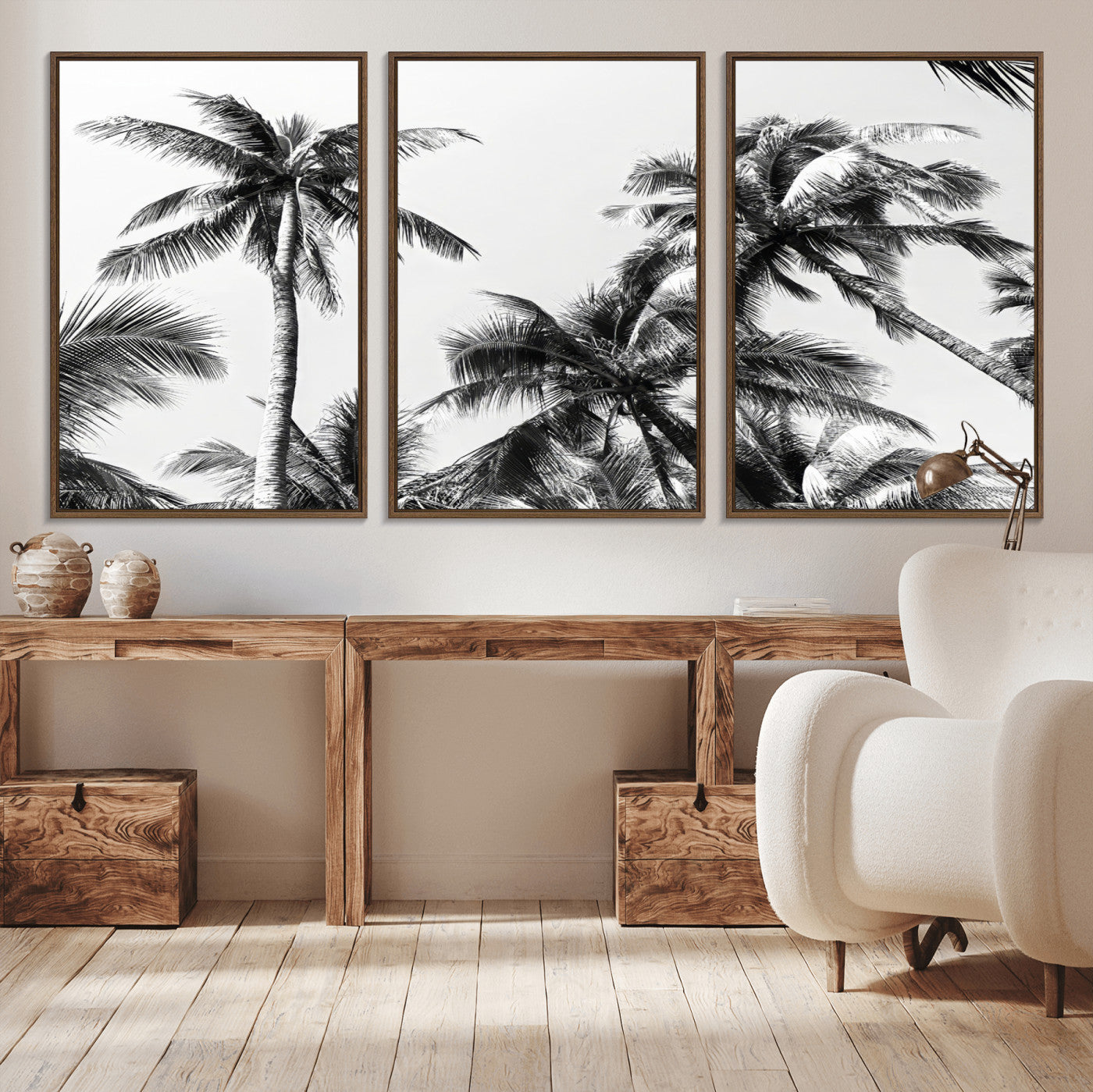 Black and white canvas of tall palm trees in moody tones, perfect for modern tropical minimalist or coastal-style home decor.