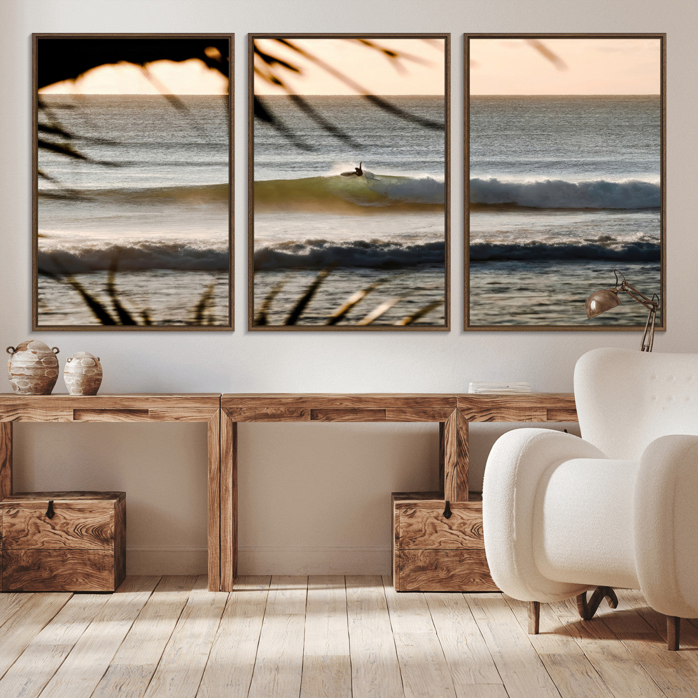 Photo of a surfer riding a golden hour wave at sunset, with tropical tones and dreamy light, perfect for tropical boho or coastal home decor.