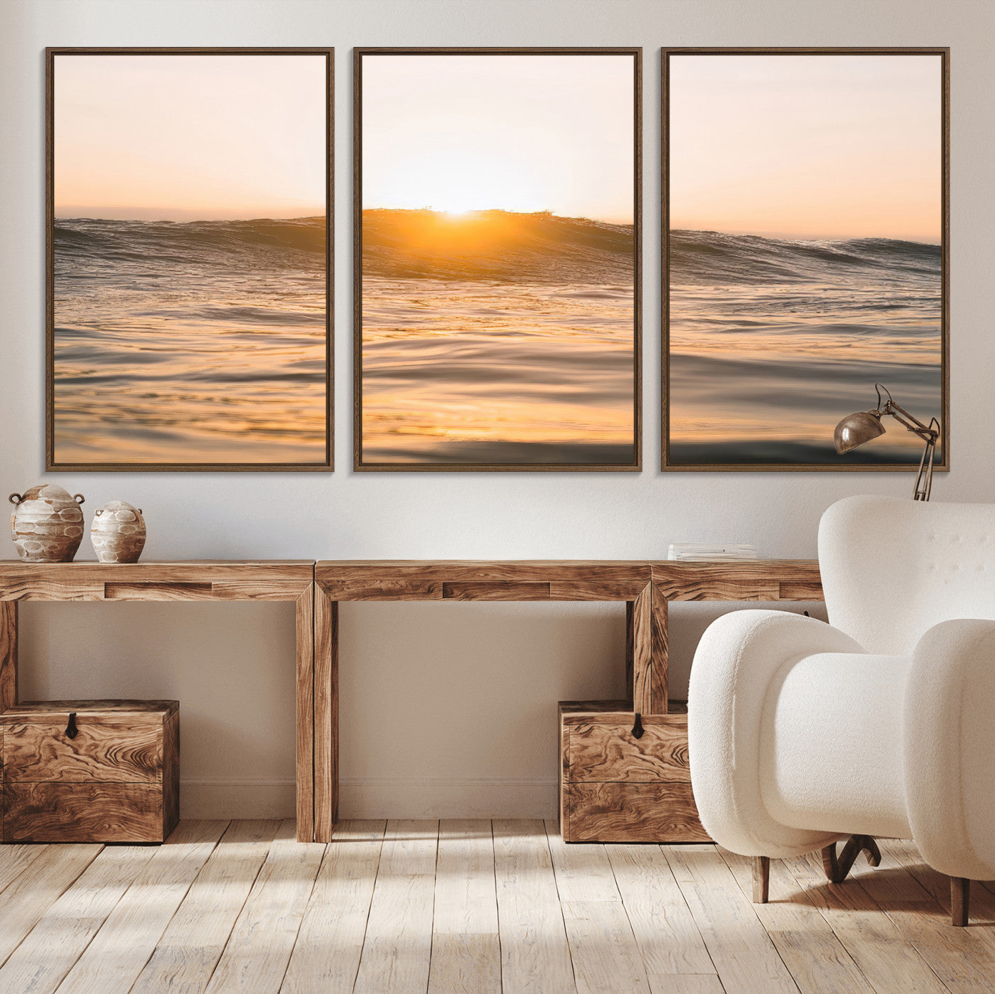Ocean waves glowing under a warm golden sunset, reflecting soft light and calm movement, perfect for warm minimalist coastal interiors.